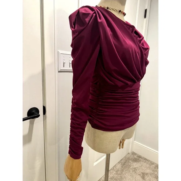 Deep Pink Blouse With Ruching, asymetrical, Puffy upper - Picture 3 of 7
